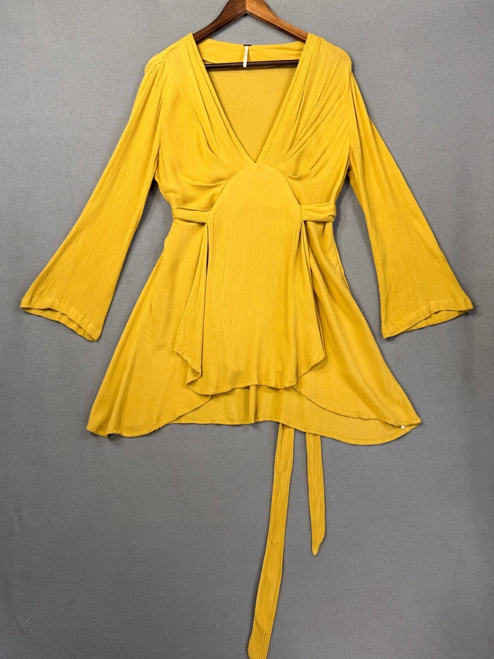 Free People Mustard Yellow V-Neck Flowy Tunic Dress with Waist Tie, XS